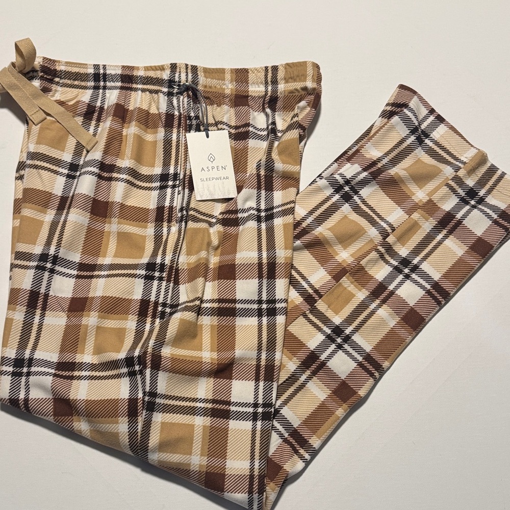 Fleece Pajama Pants Mens Medium Brown Plaid Aspen